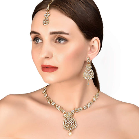 Touchstone Indian Hollywood white rhinestone bridal Designer jewelry necklace set in antique gold tone for women Touchstone