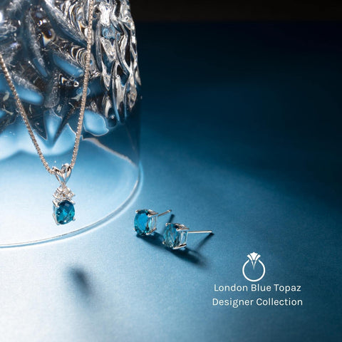 PEORA London Blue Topaz with Diamond Solitaire Pendant for Women 14K White Gold, Genuine Gemstone Birthstone, 3 Carats Oval Shape 10x8mm PEORA