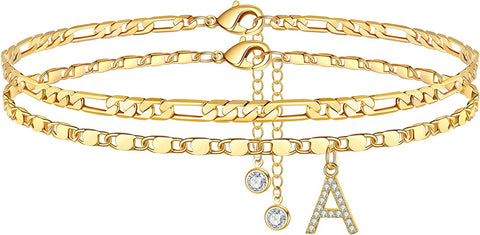 Ursteel Ankle Bracelets for Women, A Initial Anklet 14K Gold Plated Dainty Adjustable Layered Figaro Chain CZ Letter A Initial Anklets Set Summer Jewelry Gifts Anklets for Women Teen Girls Ursteel