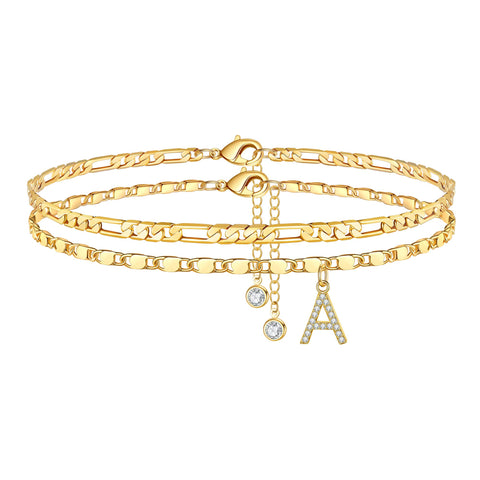 Ursteel Ankle Bracelets for Women, A Initial Anklet 14K Gold Plated Dainty Adjustable Layered Figaro Chain CZ Letter A Initial Anklets Set Summer Jewelry Gifts Anklets for Women Teen Girls Ursteel