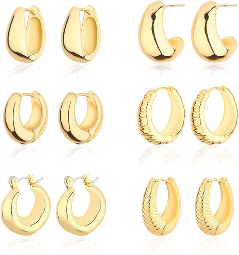 Wgoud Chunky Huggie Hoop Earring 14K Gold Hoop Earrings for Men Women Hypoallergenic, Thick Hoops Earring set, Twist Hoop Earring (6 Prs Chunky Gold) wgoud
