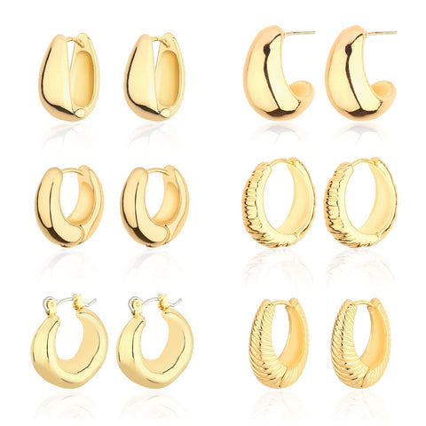 Wgoud Chunky Huggie Hoop Earring 14K Gold Hoop Earrings for Men Women Hypoallergenic, Thick Hoops Earring set, Twist Hoop Earring (6 Prs Chunky Gold) wgoud