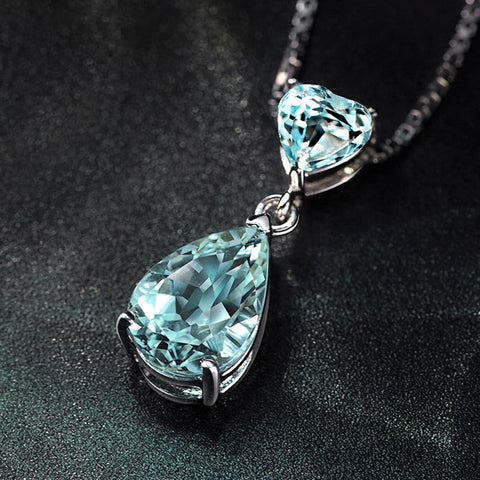 JIANGXIN 18"~20" Pear cut Gemstone 925 Sterling Silver Pendant Necklace Drop Earrings Jewelry Set for Women Heart Pendant Necklace Heart Earrings (Aquamarine) JIANGXIN