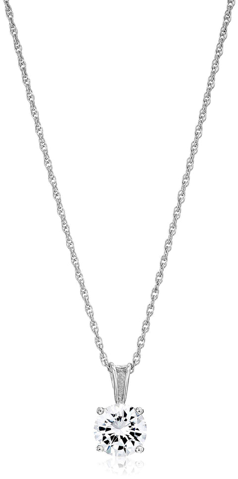 Amazon Essentials Platinum Plated Sterling Silver Cubic Zirconia Round Cut Solitaire Pendant Necklace (8mm), 18" Amazon Essentials
