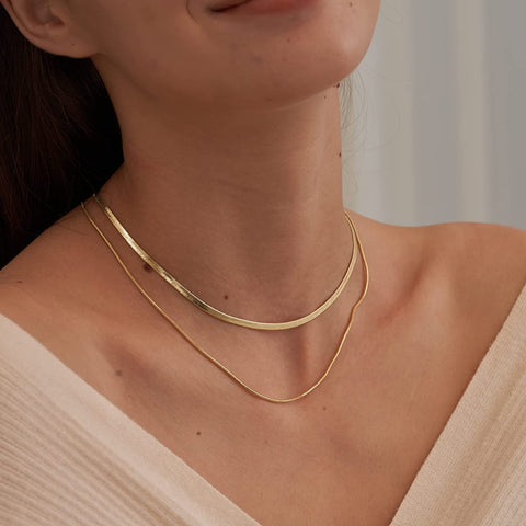 CHESKY Layered Necklace for Women, Double Layer Snake Chain Necklace 14k Gold Plated Layering Herringbone Necklace Gold Chunky Thick Chain Choker Necklace Gifts for Girls CHESKY