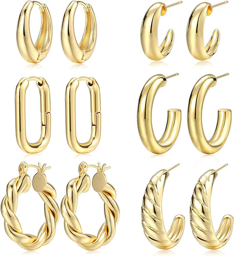 Gold Hoop Earrings Set for Women, 14K Gold Plated Lightweight Hypoallergenic Chunky Open Hoops Set for Gift 17 MILE
