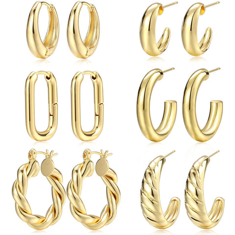 Gold Hoop Earrings Set for Women, 14K Gold Plated Lightweight Hypoallergenic Chunky Open Hoops Set for Gift 17 MILE