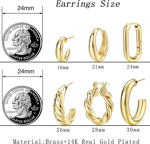 Gold Hoop Earrings Set for Women, 14K Gold Plated Lightweight Hypoallergenic Chunky Open Hoops Set for Gift 17 MILE
