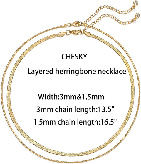 CHESKY Layered Necklace for Women, Double Layer Snake Chain Necklace 14k Gold Plated Layering Herringbone Necklace Gold Chunky Thick Chain Choker Necklace Gifts for Girls CHESKY