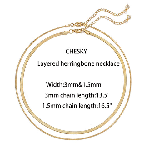 CHESKY Layered Necklace for Women, Double Layer Snake Chain Necklace 14k Gold Plated Layering Herringbone Necklace Gold Chunky Thick Chain Choker Necklace Gifts for Girls CHESKY