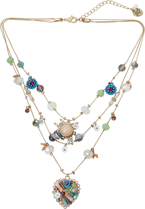 Betsey Johnson Woven Mixed Multi-Colored Bead Flower Heart Illusion Necklace Betsey Johnson