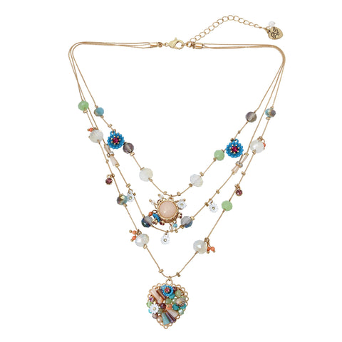 Betsey Johnson Woven Mixed Multi-Colored Bead Flower Heart Illusion Necklace Betsey Johnson