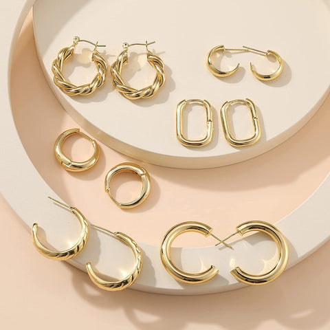 Gold Hoop Earrings Set for Women, 14K Gold Plated Lightweight Hypoallergenic Chunky Open Hoops Set for Gift 17 MILE