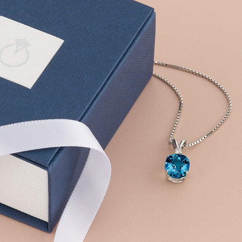 PEORA London Blue Topaz with Diamond Solitaire Pendant for Women 14K White Gold, Genuine Gemstone Birthstone, 3 Carats Oval Shape 10x8mm PEORA
