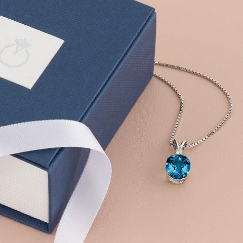 PEORA London Blue Topaz with Diamond Solitaire Pendant for Women 14K White Gold, Genuine Gemstone Birthstone, 3 Carats Oval Shape 10x8mm PEORA