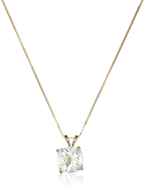 Amazon Essentials 14k Yellow Gold 8mm Cushion Cut April Birthstone Created White Sapphire Solitaire Pendant Necklace for Women with 18 inch Box Chain (previously Amazon Collection) Amazon Essentials