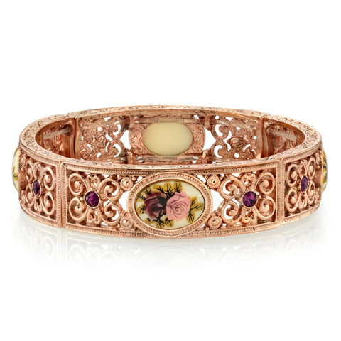 1928 Jewelry Women's Rose Gold Tone Manor House Rose Purple Crystal Flower Stretch Bracelet 1928 Jewelry Company