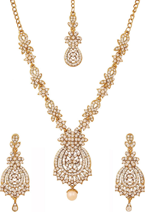 Touchstone Indian Hollywood white rhinestone bridal Designer jewelry necklace set in antique gold tone for women Touchstone