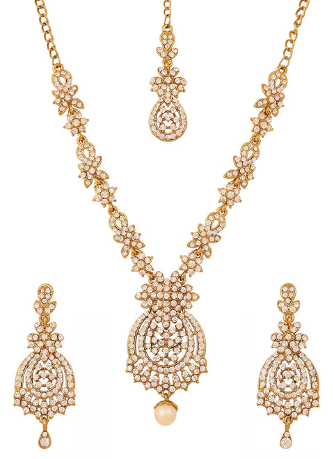 Touchstone Indian Hollywood white rhinestone bridal Designer jewelry necklace set in antique gold tone for women Touchstone