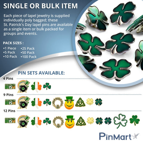 PinMart St. Patrick's Day Lapel Pin – Green Four Leaf Clover Jewelry for Women and Men – Irish Culture Celebration Pin –Gold Plated Enamel Brooch with Clutch Back PinMart