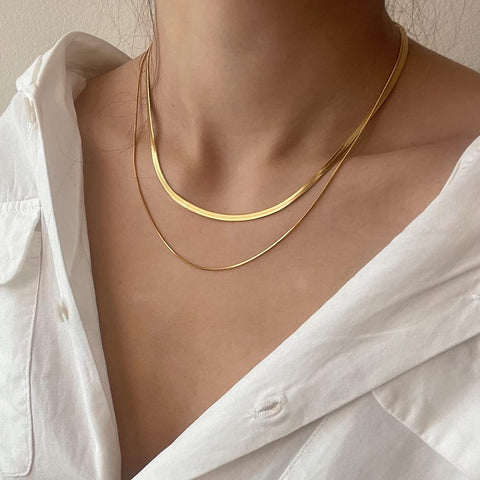 CHESKY Layered Necklace for Women, Double Layer Snake Chain Necklace 14k Gold Plated Layering Herringbone Necklace Gold Chunky Thick Chain Choker Necklace Gifts for Girls CHESKY