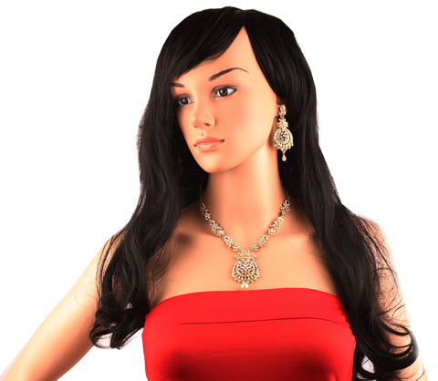 Touchstone Indian Hollywood white rhinestone bridal Designer jewelry necklace set in antique gold tone for women Touchstone