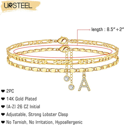 Ursteel Ankle Bracelets for Women, A Initial Anklet 14K Gold Plated Dainty Adjustable Layered Figaro Chain CZ Letter A Initial Anklets Set Summer Jewelry Gifts Anklets for Women Teen Girls Ursteel