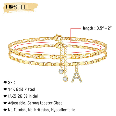 Ursteel Ankle Bracelets for Women, A Initial Anklet 14K Gold Plated Dainty Adjustable Layered Figaro Chain CZ Letter A Initial Anklets Set Summer Jewelry Gifts Anklets for Women Teen Girls Ursteel
