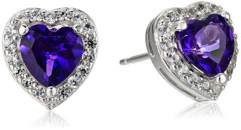 Amazon Collection Sterling Silver Genuine African Amethyst and Created White Sapphire Halo Heart Stud Earrings Amazon Collection