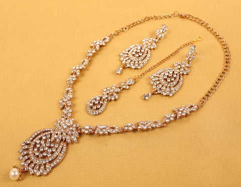 Touchstone Indian Hollywood white rhinestone bridal Designer jewelry necklace set in antique gold tone for women Touchstone