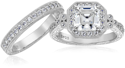 Amazon Essentials Platinum-Plated Sterling Silver Antique Ring set with Asscher-Cut Infinite Elements Cubic Zirconia, Size 8 (previously Amazon Collection) Amazon Essentials