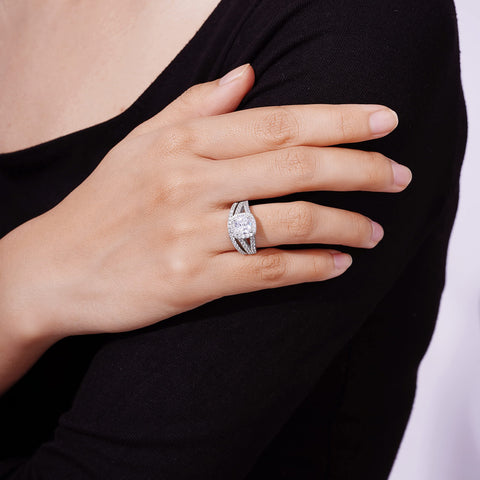 Amazon Collection Sterling Silver Platinum Plated Infinite Elements Cubic Zirconia Cushion Halo Ring, Size 8 Amazon Essentials