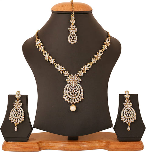 Touchstone Indian Hollywood white rhinestone bridal Designer jewelry necklace set in antique gold tone for women Touchstone
