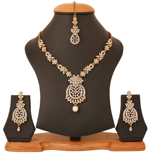 Touchstone Indian Hollywood white rhinestone bridal Designer jewelry necklace set in antique gold tone for women Touchstone